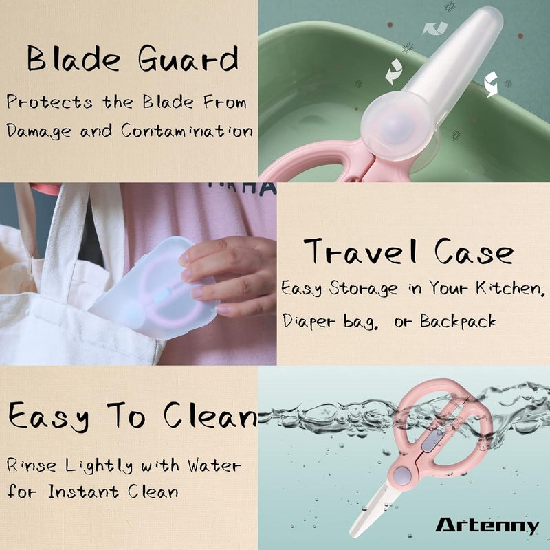 Artenny Baby Food Scissors with Travel Case, Ceramic Food Scissors Kids, Toddler Scissor with Safety Lock, Ideal for Pizza, Meats, Noodles, Vegetables, and Fruits (C) - Image 4